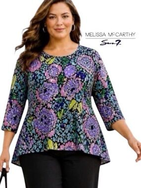 4X Melissa McCarthy Seven7 Floral Scoop-Neck Tunic Top with Hi-Lo Peplum Hem